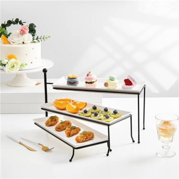 3Tiered Serving Stand,Foldable Rectangular Food DisplayStand with WhitePorcelain - Picture 5 of 7